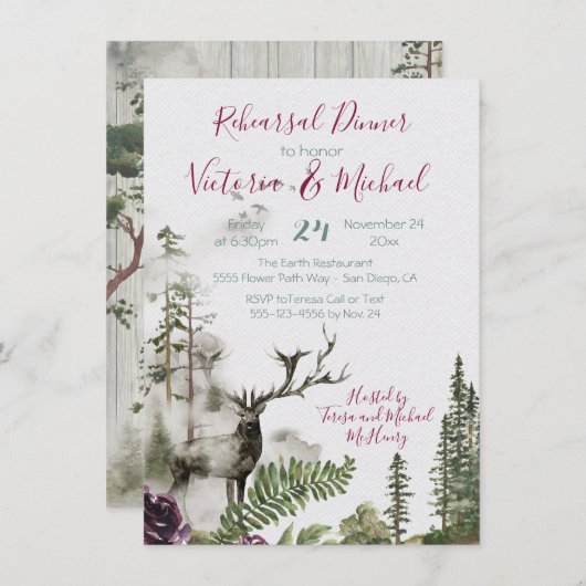 Rustieke Waterverf Bos Herten Repetitie Diner Kaart (Voorkant / Achterkant)