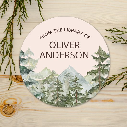Rustieke Waterverf Bos & Mountain Bookplate Ronde Sticker