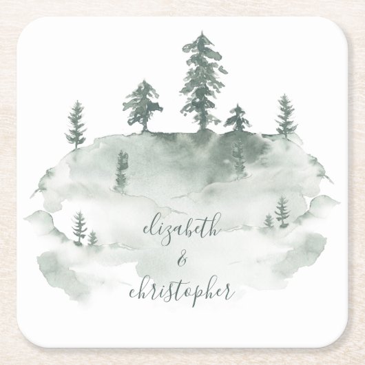 Rustieke Waterverf Bos Pinery Bruiloft Kartonnen Onderzetters (Voorkant)