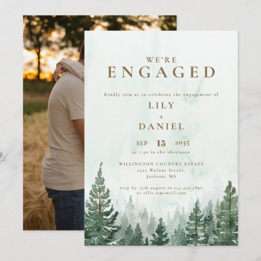 Rustieke Waterverf Bos Verlovingsfeest Foto Kaart (Voorkant / Achterkant)