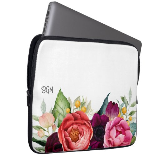 Rustieke Waterverf Botanisch met Monogram Initiale Laptop Sleeve (Voorkant Rechts)
