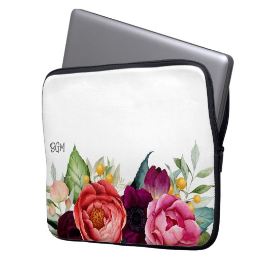Rustieke Waterverf Botanisch met Monogram Initiale Laptop Sleeve (Voorkant Links)