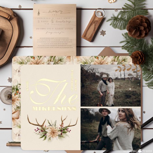 Rustieke Waterverf Botanische Kerst Foto Folie Feestdagenkaart