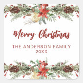 Rustieke Waterverf Botanische Vrolijke Kerstmis Vierkante Sticker (Voorkant)