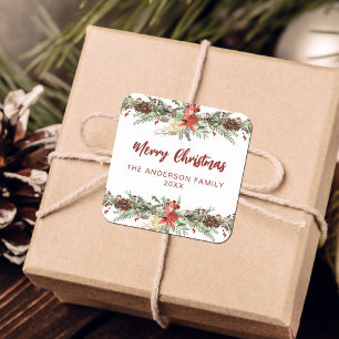 Rustieke Waterverf Botanische Vrolijke Kerstmis Vierkante Sticker