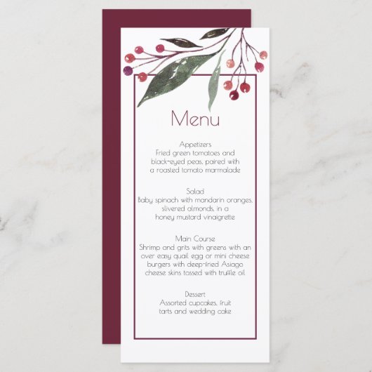 Rustieke Waterverf Bourgogne Groen Menu Kaarten (Voorkant / Achterkant)