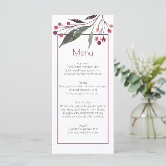 Rustieke Waterverf Bourgogne Groen Menu Kaarten (Staand voorkant)