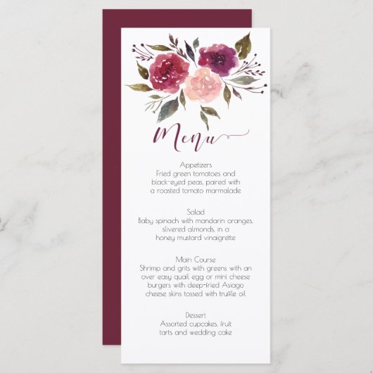 Rustieke Waterverf Bourgogne Roze Bloemen Menu Kaa (Voorkant / Achterkant)