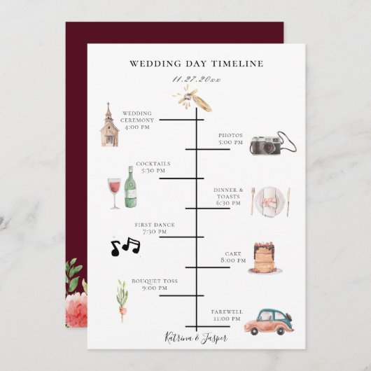 Rustieke Waterverf Bourgondische bruiloft tijdlijn Programmakaart (Voorkant / Achterkant)