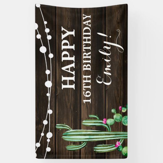 Rustieke Waterverf Cactus Barn Wood Verjaardag Spandoek (Verticaal)