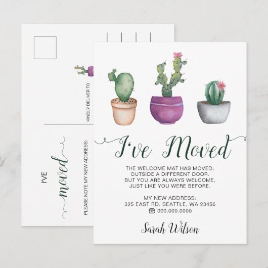 Rustieke Waterverf Cactus Pots Ik ben verhuisd Aankondigingskaart (Voorkant / Achterkant)