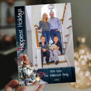 Rustieke Waterverf Christmas Gnome Blauwe foto Feestdagenkaart