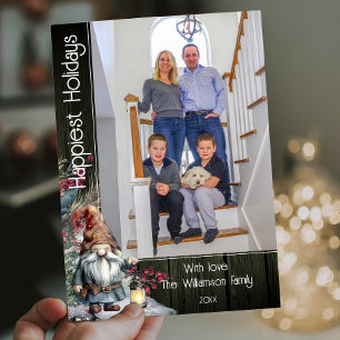 Rustieke Waterverf Christmas Gnome Groene foto Feestdagenkaart