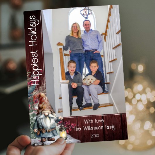 Rustieke Waterverf Christmas Gnome - Rode foto Feestdagenkaart