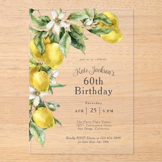 Rustieke Waterverf Citroenen 60e verjaardag Acryl Uitnodigingen (Voorkant)