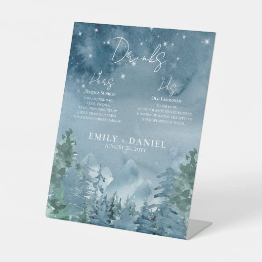 Rustieke Waterverf Dark Dusk Blue Mountains Bruilo Reclamebord Met Voetstuk (Voorkant)