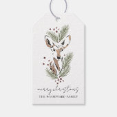 Rustieke Waterverf Deer Pine Boughs Christmas Cadeaulabel (Voorkant)