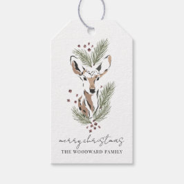 Rustieke Waterverf Deer Pine Boughs Christmas Cadeaulabel