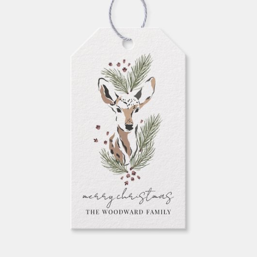 Rustieke Waterverf Deer Pine Boughs Christmas Cadeaulabel (Voorkant)