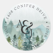 Rustieke Waterverf Dennen Monogram Bruiloft Ronde Sticker (Voorkant)