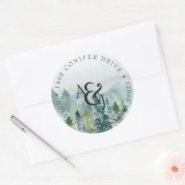 Rustieke Waterverf Dennen Monogram Bruiloft Ronde Sticker