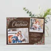 Rustieke Waterverf dennenappels 3 foto Kerst Feestdagenkaart (Staand voorkant)