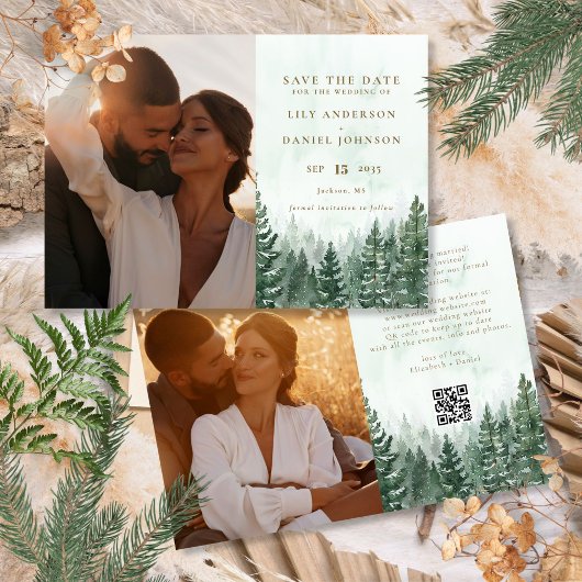Rustieke Waterverf Dennenboom Bos Foto QR Code Save The Date