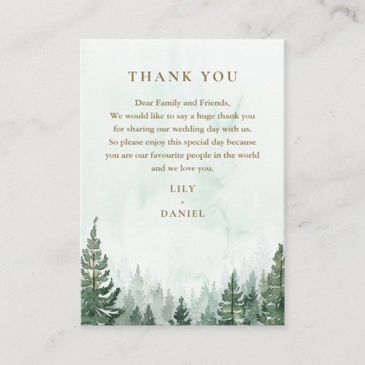 Rustieke Waterverf Dennenbos Bruiloft Bedankt Plaatskaartje (Voorkant)