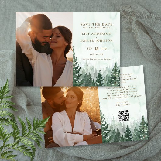 Rustieke Waterverf Dennenbos Foto QR-code Save The Date