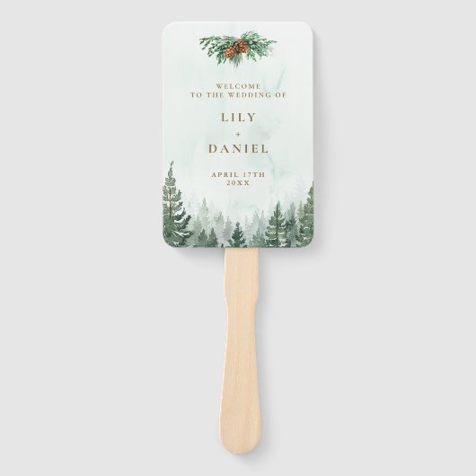 Rustieke Waterverf Dennenbos Huwelijksprogramma Handwaaier (Voorkant)
