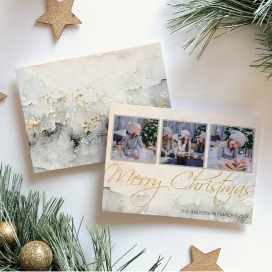 Rustieke Waterverf Drie Foto Prettig Kerstfeest Feestdagenkaart