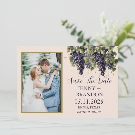 Rustieke Waterverf Druiven Wijngaard Foto Save The Date (Staand voorkant)