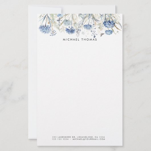 Rustieke Waterverf Dusty Blue Hydrangeas Floral Briefpapier (Voorkant)