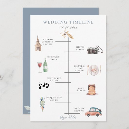 Rustieke Waterverf Dusty Blue Wedding Tijdlijn Programmakaart (Voorkant / Achterkant)