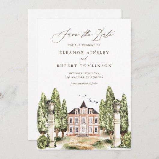 Rustieke Waterverf Engels Manor House QR-code Save The Date (Voorkant / Achterkant)