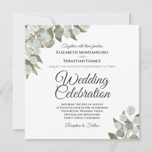 Rustieke Waterverf Eucalyptus Elegant Bruiloft Kaart (Voorkant)