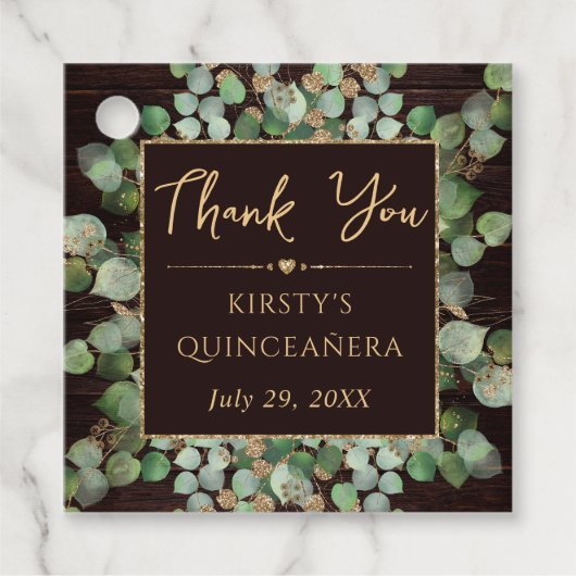 Rustieke Waterverf Eucalyptus Foliage Quinceanera Bedankjes Labels (Voorkant)