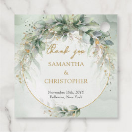 Rustieke waterverf eucalyptus groen goud bedankjes labels