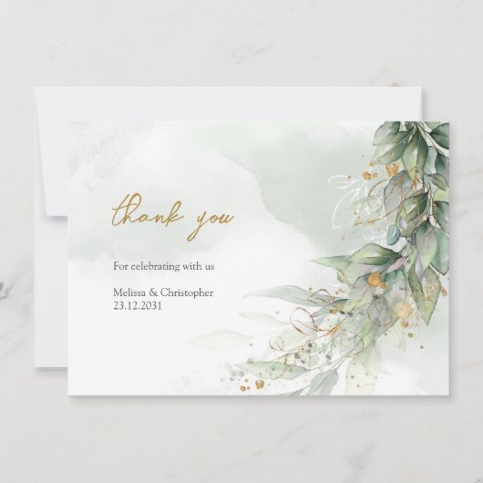 Rustieke waterverf eucalyptus groen goud bedankkaart (Voorkant)