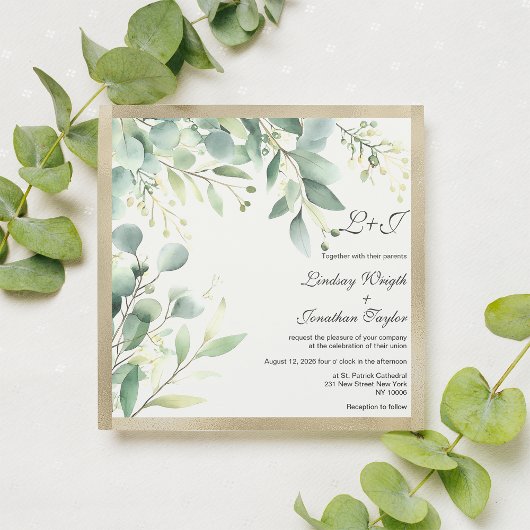 Rustieke waterverf eucalyptus groen gouden bruilof kaart