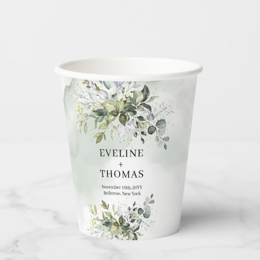 Rustieke waterverf eucalyptus groen gouden bruilof papieren bekers (Voorkant)