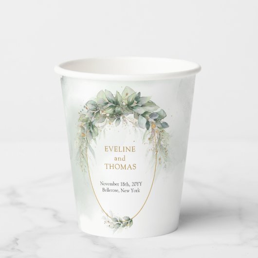Rustieke waterverf eucalyptus groen gouden bruilof papieren bekers (Voorkant)