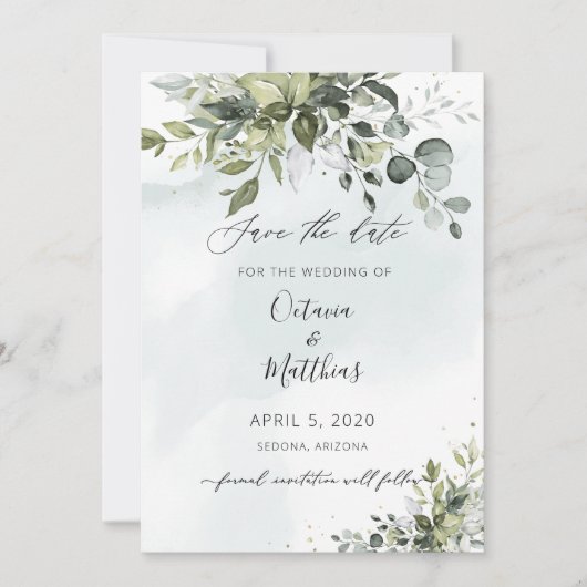 Rustieke Waterverf Eucalyptus Groene Save the Date Kaart (Voorkant)