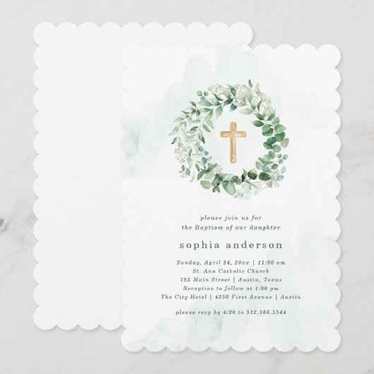 Rustieke Waterverf Eucalyptus met Groen | doop Kaart (Voorkant / Achterkant)