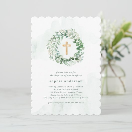 Rustieke Waterverf Eucalyptus met Groen | doop Kaart (Staand voorkant)