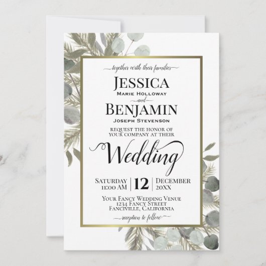 Rustieke Waterverf Eucalyptus & Pine Winter Bruilo Kaart (Voorkant)