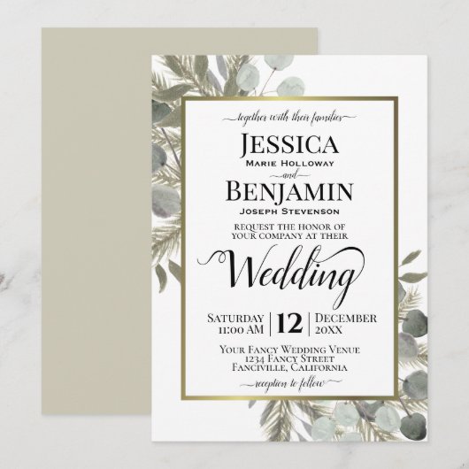 Rustieke Waterverf Eucalyptus & Pine Winter Bruilo Kaart (Voorkant / Achterkant)