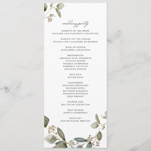 Rustieke Waterverf Eucalyptus Zaad Bruiloft Programmakaart (Achterkant)