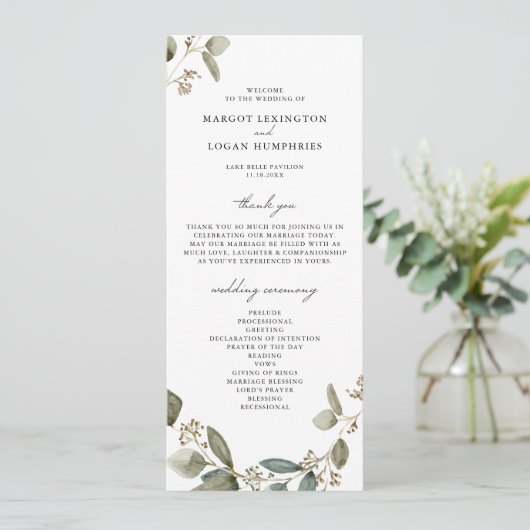 Rustieke Waterverf Eucalyptus Zaad Bruiloft Programmakaart (Staand voorkant)