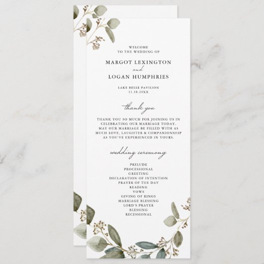 Rustieke Waterverf Eucalyptus Zaad Bruiloft Programmakaart (Voorkant / Achterkant)